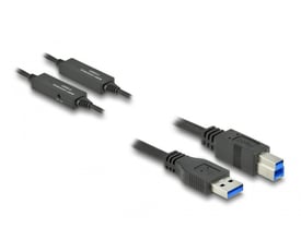 DeLock Aktivt USB 3.2 Gen 1 kabel, 10 meter, viser USB-A og USB-B stik samt to signalforstærkere i sort.