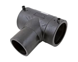 AVK Fusamatic elsvejse-tee i sort PE100, 225 mm, PN16, med tydelig indgravering og AUTO pin-tilslutning.