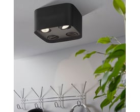 Sort EGLO Caminales-Z påbygningsspot med fire lyskilder monteret på et hvidt loft ved siden af en plante og en knagevæg.