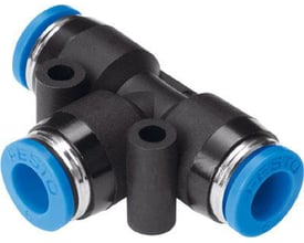 Festo T-forbindelse QST-16 med blå push-in ringe og sølvfarvede metalringe, perfekt til pneumatiske systemer.