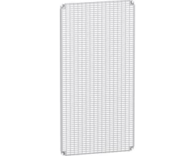 Schneider Electric Telequick montageplade i zinkbelagt stål med målene 400x400 mm, præsenteret fladt på en hvid baggrund.