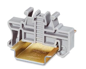 Nærbillede af Phoenix Contact CLIPFIX 35 endeholder, der viser dens monteringsmekanisme på en metal skinne.