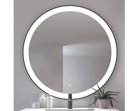 Loevschall Libra rundt spejl, Ø100 cm, med en tynd sort ramme og integreret dæmpbart frontlys.