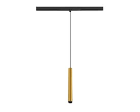 SLV GRIP! S 48V pendel i guld hængende fra en sort skinne, med en tynd sort ledning, placeret på en hvid baggrund.