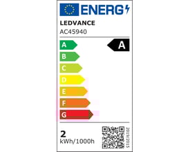 Energimærke for Ledvance LED PAR16 lyskilde, viser energiklasse A og et forbrug på 2 kWh/1000h.