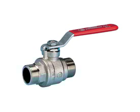 Pettinaroli kuglehane med let stålgreb, 1", NP/NP, forniklet messing med fuldt gennemløb og rødt håndtag.