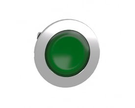 Schneider Electric ZB4F lampetrykhoved i grøn, med plan trykflade og kromfarvet kant for montering i 30mm hul.