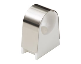 2click rustfri rørbærer til Ø20 mm rør med 16 mm afstand til væg, vist med hvid base og rustfri kappe.