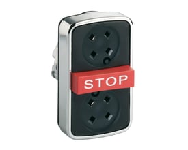 Nærbillede af Schneider Electric Harmony XB4 tryppelhoved, med synlig "STOP" knap og sorte knapper for 22mm installation.