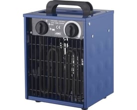 JO-EL varmeblæser på 2 kW i blå metalkabinet med sort bærehåndtag, betjeningsknapper og beskyttelsesgitter.