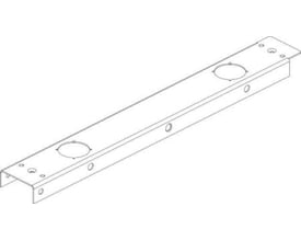 Cubic sokkelskinne til 4 moduler, vist som en teknisk tegning i perspektiv med monteringshuller og cirkulære udskæringer.