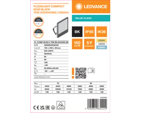 Teknisk specifikationsgrafik for LEDVANCE Floodlight Compact projektør, sort 70 W, med illustration og valgbare lysfarver.