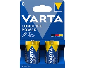 Nærbillede af Varta Longlife Power C LR14 batterier i en 2-pak, der fremviser de enkelte batteriers design med Varta logo og 'Made in Germany'.