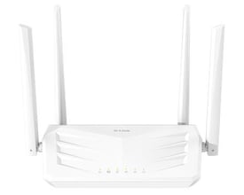 Hvid D-Link S30/E trådløs AX3000-router med Wi-Fi 6 og fire oprejste antenner set forfra.