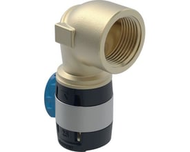 Geberit FlowFit 90° bøjning i messingfarve og sort, med blå detalje og 16 mm tilslutning samt 3/4" gevind.