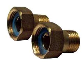 Gevindnippelsæt i messing med 1 1/4" gevind og 1 1/2" omløber, der viser den indvendige blå pakning og ydre messingmateriale.