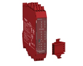 Schneider Electric Modicon XPSMCMC10804 sikkerhedskontroller med 8 indgange, 4 OSSD udgange og fjederterminaler, vist med separat stikmodul.