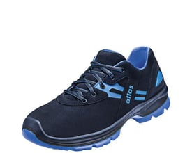Atlas sikkerhedssko FLASH 5405 XP ESD i mørkeblå med blå detaljer, str. 37, vist fra siden mod hvid baggrund.