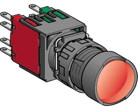 Schneider Electric lampetryk XB6AE4B2B med rød knap og grå frontring, Ø16mm, vist med printkort kontakter på hvid baggrund.