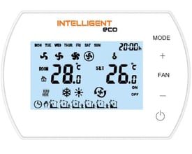 Detaljeret visning af Sonniger ugetermostat RL309 WIFI skærm, der viser ugedage, tid, temperaturer og ikoner for blæserhastighed.
