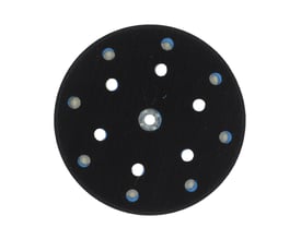Norton Velcro-bagplade til 150 mm multihulsrondeller, set forfra med sorte velcroflade, udsugningshuller og midtertilslutning.