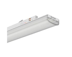 Hvidt LEDVANCE Tracklight Linear-skinnearmatur med opal diffusor, 65 W og 4000 K, set skråt fra enden.