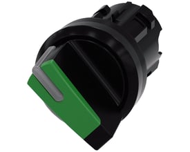 Siemens Sirius Act 22mm omskifter i grøn plast med 2 faste positioner og drejegreb, isoleret på hvid baggrund.
