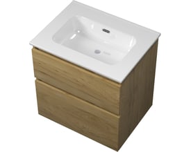 Sanibell Proline møbelsæt 61x46cm med 2 softclose skuffer i ideal eg, med integreret greb og hvid vask.