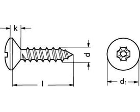 Tegning af 3,5X32 DIN 7983/ISO 14587 A4 linsehoved pladeskrue med Pozidriv kærv og dimensioner markeret.