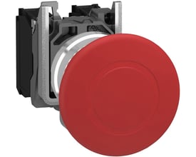 Schneider Electric Ø40 mm rød nødstopknap med tryk/træk funktion og 1NC kontakt, vist med monteringsdel.