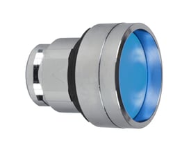 Schneider Electric Harmony XB4 trykknaphoved med blå knap og klar membran på hvid baggrund. Metalring og sort pakning er synlig.