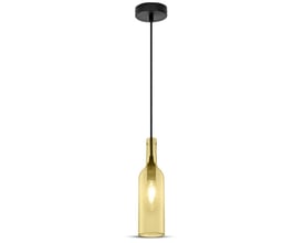 V-TAC ravfarvet flaske pendellampe i glas med E14 fatning og sort ledning, viser lampens elegante design på hvid baggrund.
