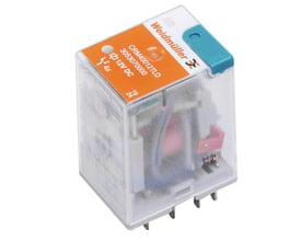 Weidmüller industrielt relæ til 48 V DC med gennemsigtigt hus, orange mærkat, turkis testknap og metalben.