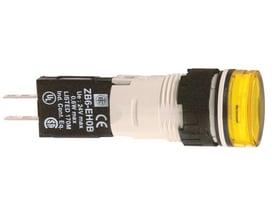 Nærbillede af Schneider Electric signallampe ZB6-EH0B, viser tekniske specifikationer og gul LED-lygte.