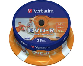 Verbatim DVD-R med 16x hastighed, 4,7 GB og printbar AZO-overflade på en orange og blå spindel.