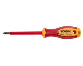 Ironside VDE-skruetrækker PH1 med 80 mm klinge og rødt skaft samt rød-gult håndtag, set fra siden.