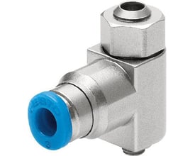 Festo drøvle-kontraventil GRLZ-M5-QS-4-LF-C med drejeled, viser QS-4 tilslutning med blå plastring og M5 gevindstud.