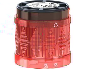 Schneider Electric XVU-lystårn Ø60, rødt blinkende LED-modul på 24V. Synlig fra fronten med mærkat og certificeringer.