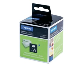 Emballage med DYMO LabelWriter-adresseetiketter i hvid, 28 x 89 mm, vist på en sort og grøn æske.