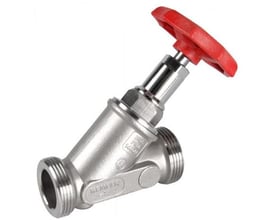 Kemper Niro fristrømsventil i rustfrit stål med 1 1/4" tilslutning og rød betjeningshåndtag.