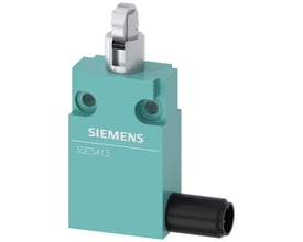 Siemens SIRIUS 3SE5 positionsafbryder med turkis kabinet, rullestempel øverst og sort M12-stik.
