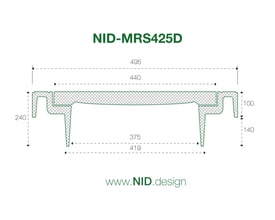 Teknisk tegning af NID-MRS425D karm/dæksel, viser dimensioner i mm, belastningsklasse D400 og materialeinformation.
