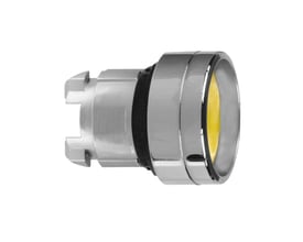 Schneider Electric trykknaphoved ZB4, gul og forsænket, med Ø22mm diameter og krom detaljer.
