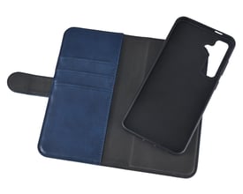 Samsung Galaxy S24 FE PU wallet åben, viser det aftagelige magnetiske cover og tre kortlommer i mørkeblå vegansk læder.