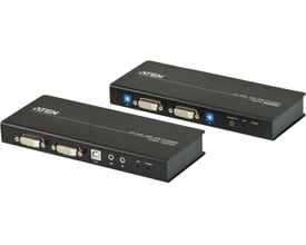 ATEN CE604-systemforlænger i sort med sender og modtager til DVI-D, USB, seriel forbindelse og lyd over Cat5e.