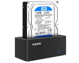 Deltaco HDD/SSD docking station i sort med en 1TB WD harddisk monteret og en blå LED-indikator.