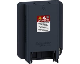 Schneider Electric adapter til kommunikationskort ATV320C i mørkeblå plast med advarselsmærkat for elektrisk fare.