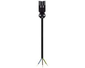 Detalje af Wieland GST18I3 han/fri stikket med 3-polet forbindelse og monteringsskruer, sort kabel og afisolerede ledere.