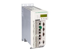 Schneider Electric Motion Controller LMC802 fra PacDrive 3-serien med grønt LCD-display, knapper og mange tilslutningsmuligheder for automation.