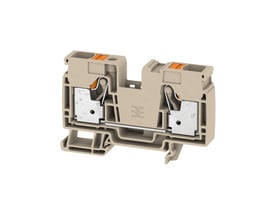 Weidmüller gennemgangsklemme A2C 16 i beige med push-in tilslutning og orange aktiveringsclips på hvid baggrund.